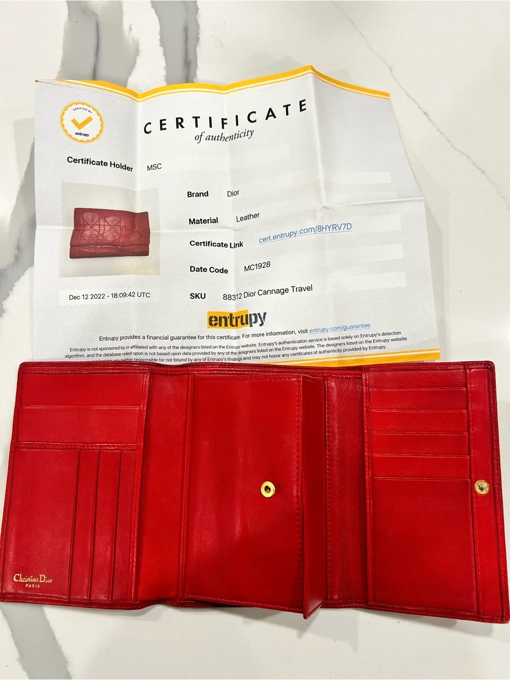 Authentic Christian Dior Cannage Travel Wallet Red + COA
